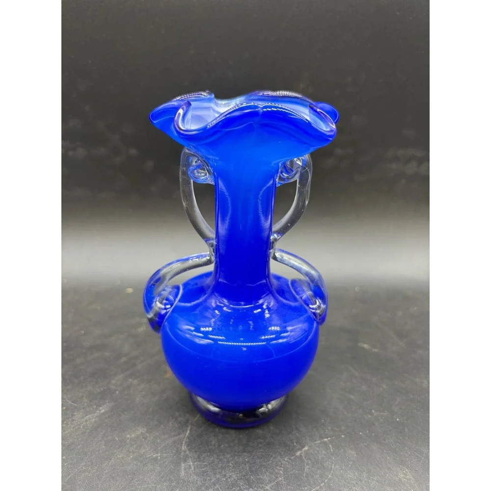 Vintage Cobalt Blue Art Glass Vase Ruffled Rim White‎ Opalescent Applied Handles
